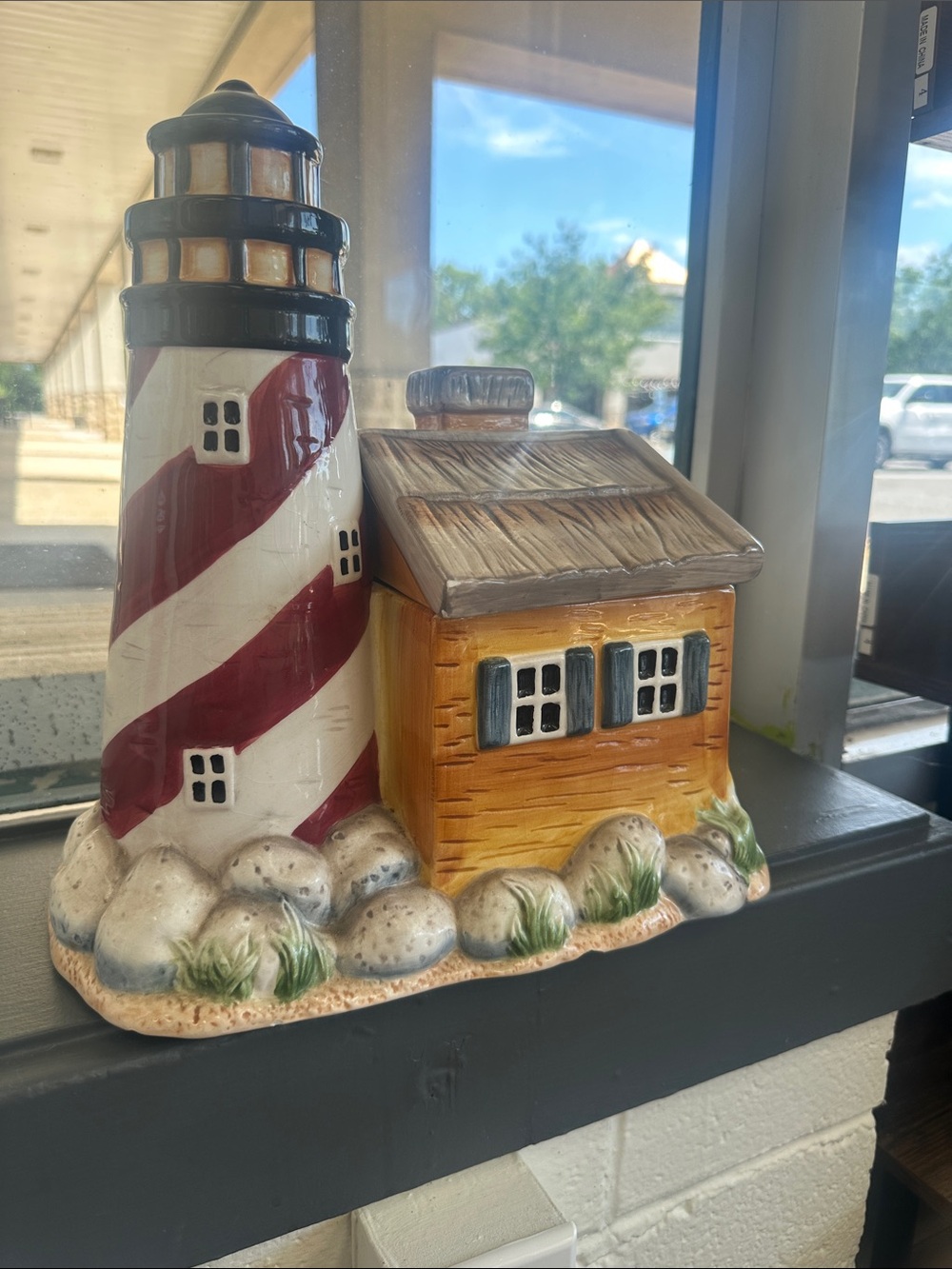 Ceramic Lighthouse & Cottage Decorative Figurine - Red and Yellow